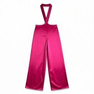 Lulus Hot Pink Satin Wide Leg Halter Jumpsuit Stretchy Lined Size S Barbiecore